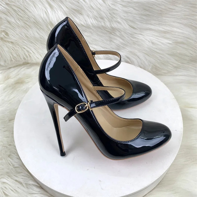 Round Toe Stiletto Shoes For Women Black Mary Jane Shoes 10CM 12CM Thin High Heels Spring Autumn Buckle Strap Fashion Sexy Pumps