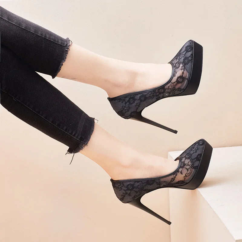 Fashion Roman Pumps 12Cm Black Platform High Heels Mesh Breathable Sexy Shallow Mouth Pointed Single Shoes Small Size 32 33