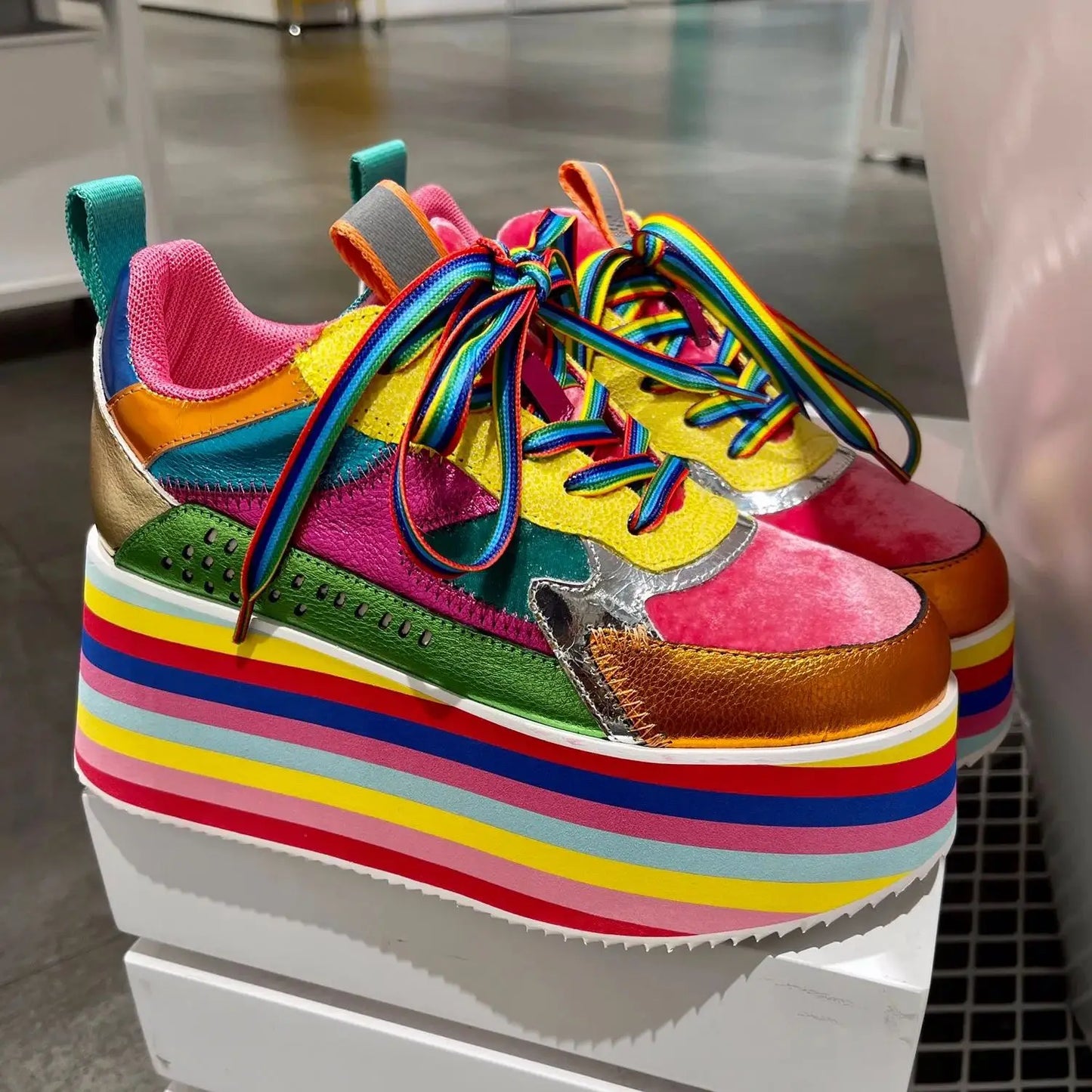 Spring Autumn Women Colourful Sneakers High Platform Shoes Heels Chunky Casual Dad Shoe Genuine Leather Thick Bottom Fashion New