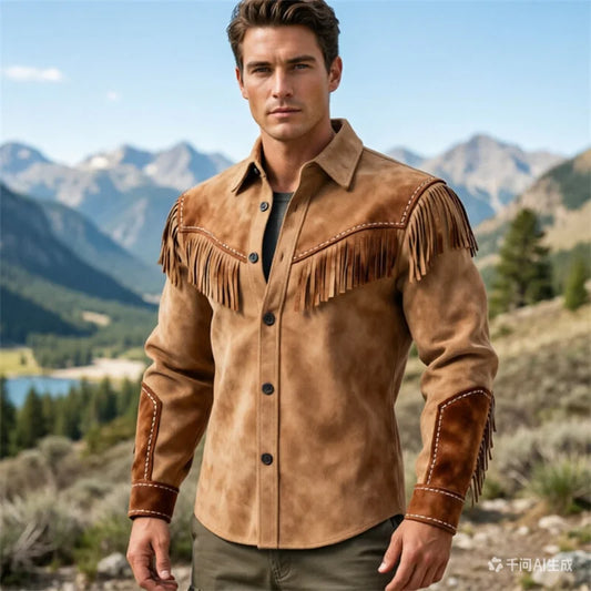 New Men's Tassel Fur Jacket, Western Denim Long Sleeved Jacket, Motorcycle Style Fashionable Patchwork Lapel Top, European Sizes