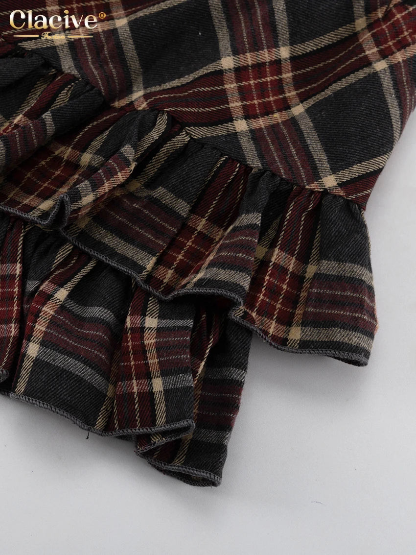 Clacive Fashion Loose Plaid 2 Piece Sets Women Outfit 2025 Elegant Long Sleeve Blouse With High Waist Pleated Mini Skirt Set
