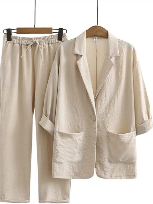 NEW AUTUMN WOMEN'S CASUAL COMMUTER COTTON LINEN TWO-PIECE SET, BLAZER COLLAR DESIGN ELEGANT SUIT AND TROUSERS SET