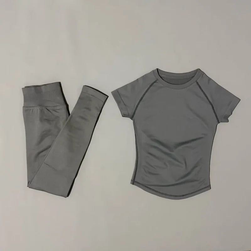 2 Pieces HISTELLO Yoga Set Women Short Sleeve Crop Top Low Waist Butt Lifter Leggings Seamless Breathable Stretch Fitness Sets