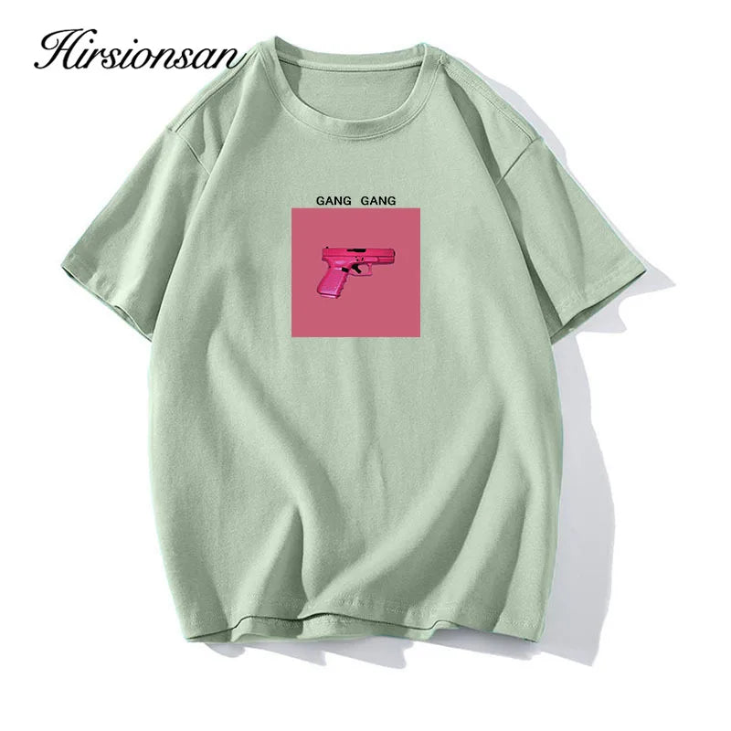Hirsionsan 100% Cotton Pink Print T Shirt Women 2024 Summer New Basic Vintage Tee Casual Loose Chic O Neck Female Couple Tops