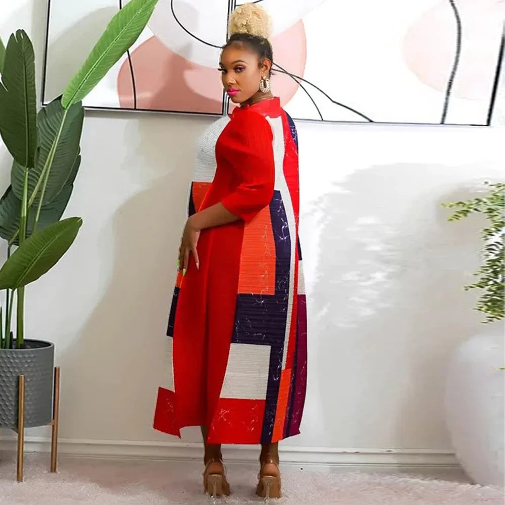 African Dresses for Women Summer Fashion Style African 3/4 Sleeve Polyester O-neck Pleated Dress Dashiki African Clothes Women