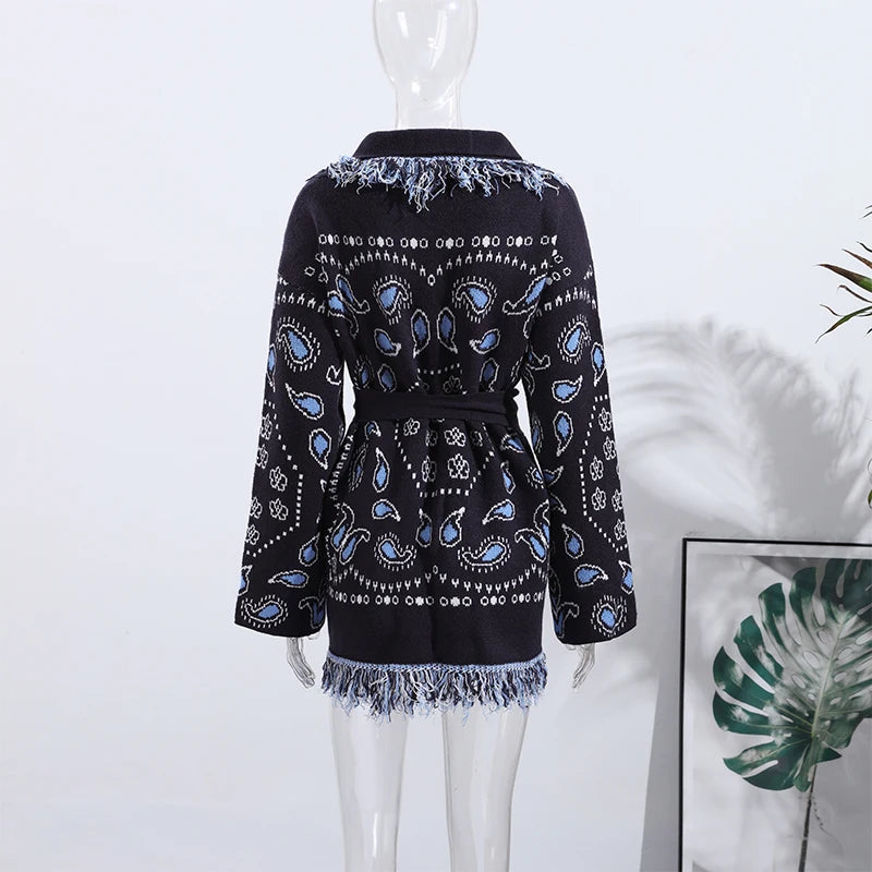 Elegant Print Tassel Cardigan Women Belt V-neck Long Sleeve Loose Knitted Sweaters Female 2025 Autumn Winter Chic Knitwears Lady