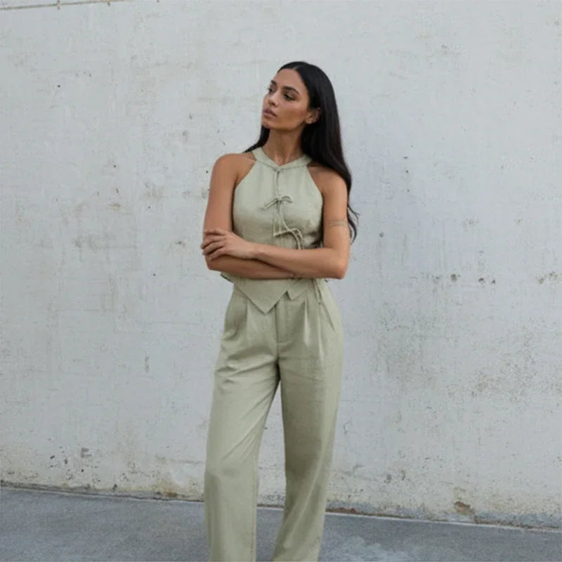 Women Green Bowknot Wide-leg Pant Suits Chic Solid Sleeveless Lace Up Slim Fit Long Pant Sets 2026 Lady Daily Street Outfits New