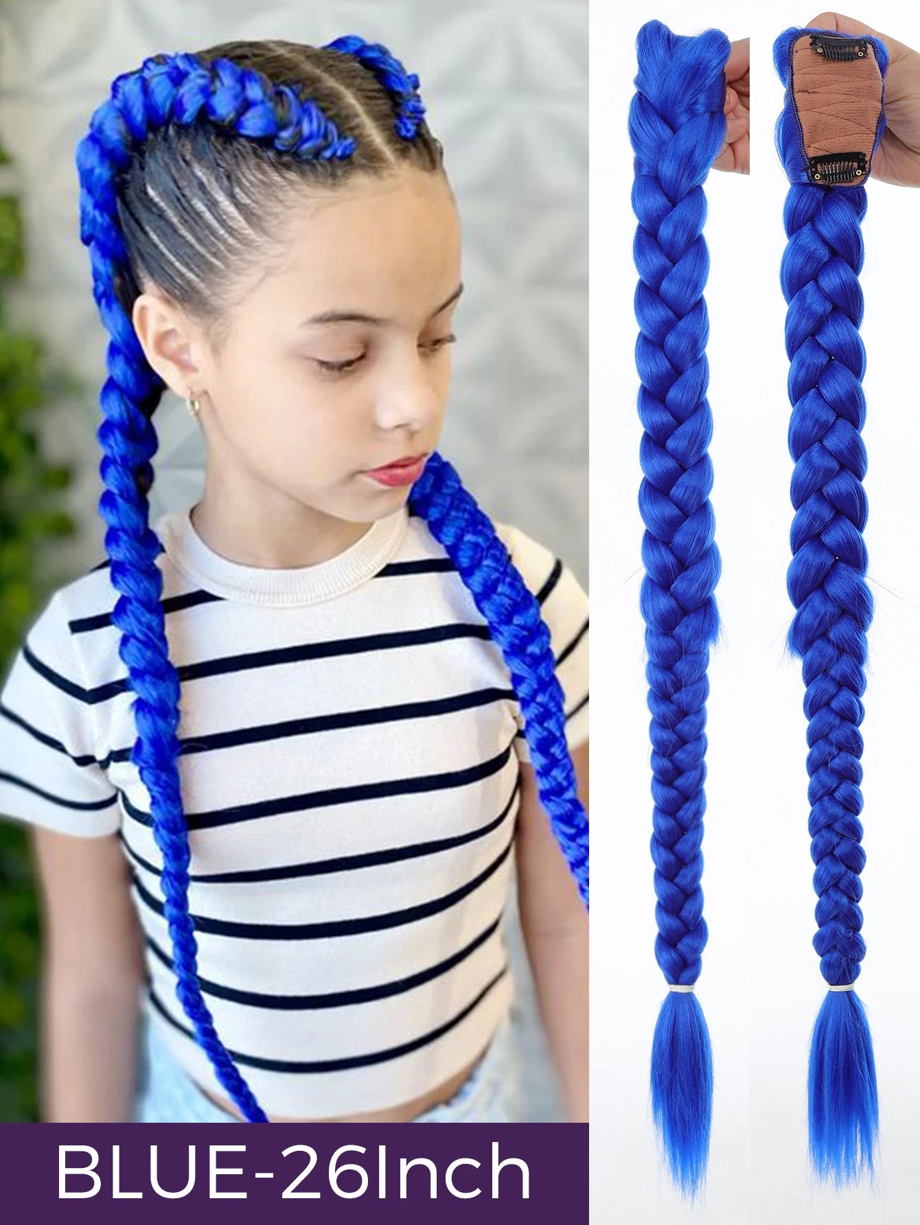 Synthetic 26inch Long Ponytail with Clips Braided Purple Hair Ponytail Rumi Costume Hairstyle for Kids Girls Halloween Christmas