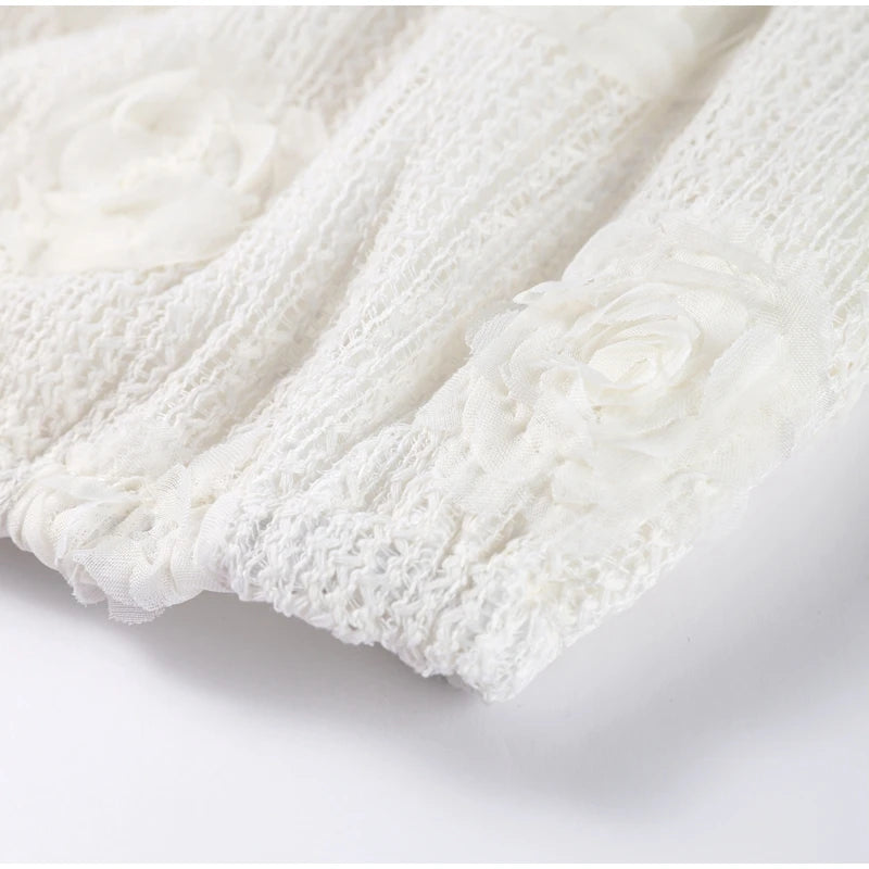 Knitting 3D Flower Tops Long Skirts Sets Women Elegant Lantern Sleeve Top Suit With Hip Package Skirt Lady 2025 Spring Outfits