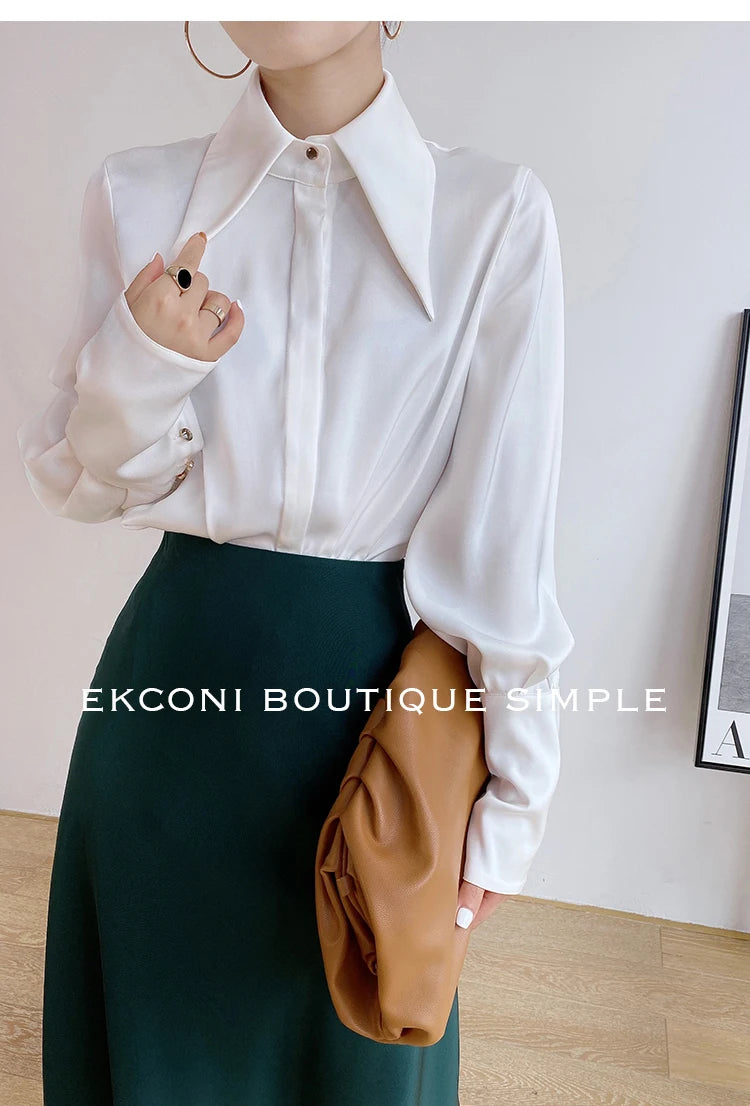 Stylish Elegant Turn Down Collar White Long Sleeve Satin Shirts Fashion Woman Vintage Blouse 2024 Office Lady Tops Blusas 16946