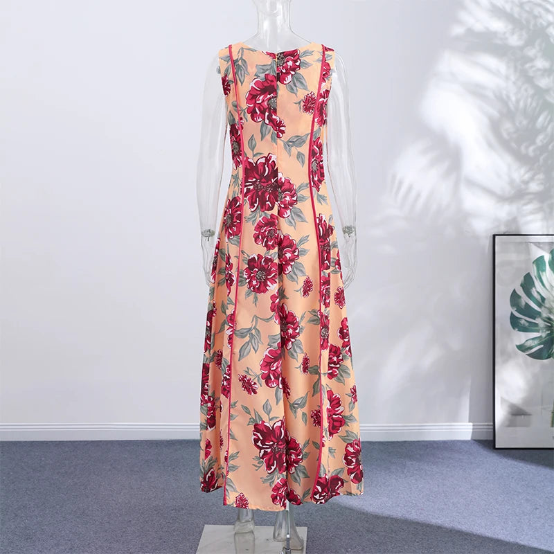 Sexy Printed Flower Long Women's Dress Sleeveless Waist-Closed Slash Neck Lady Dresses Summer Sling Vacation Holiday Robe