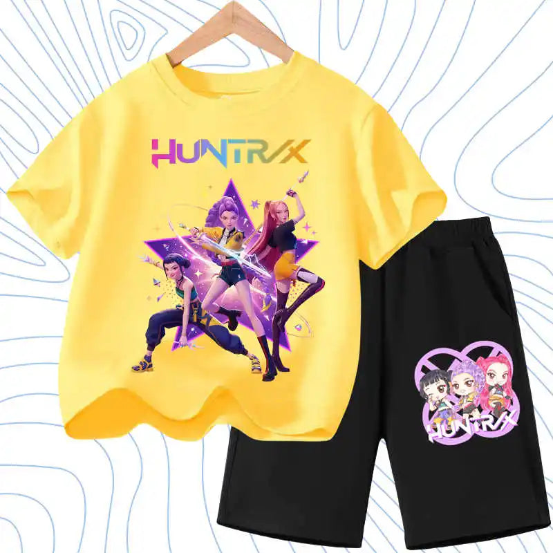 Kids Fashion Outfits Teen Children's O Neck Short Sleeve Tops Shorts 2pcs Summer Girls Casual T Shirt Sets K POP Cartoon Printed