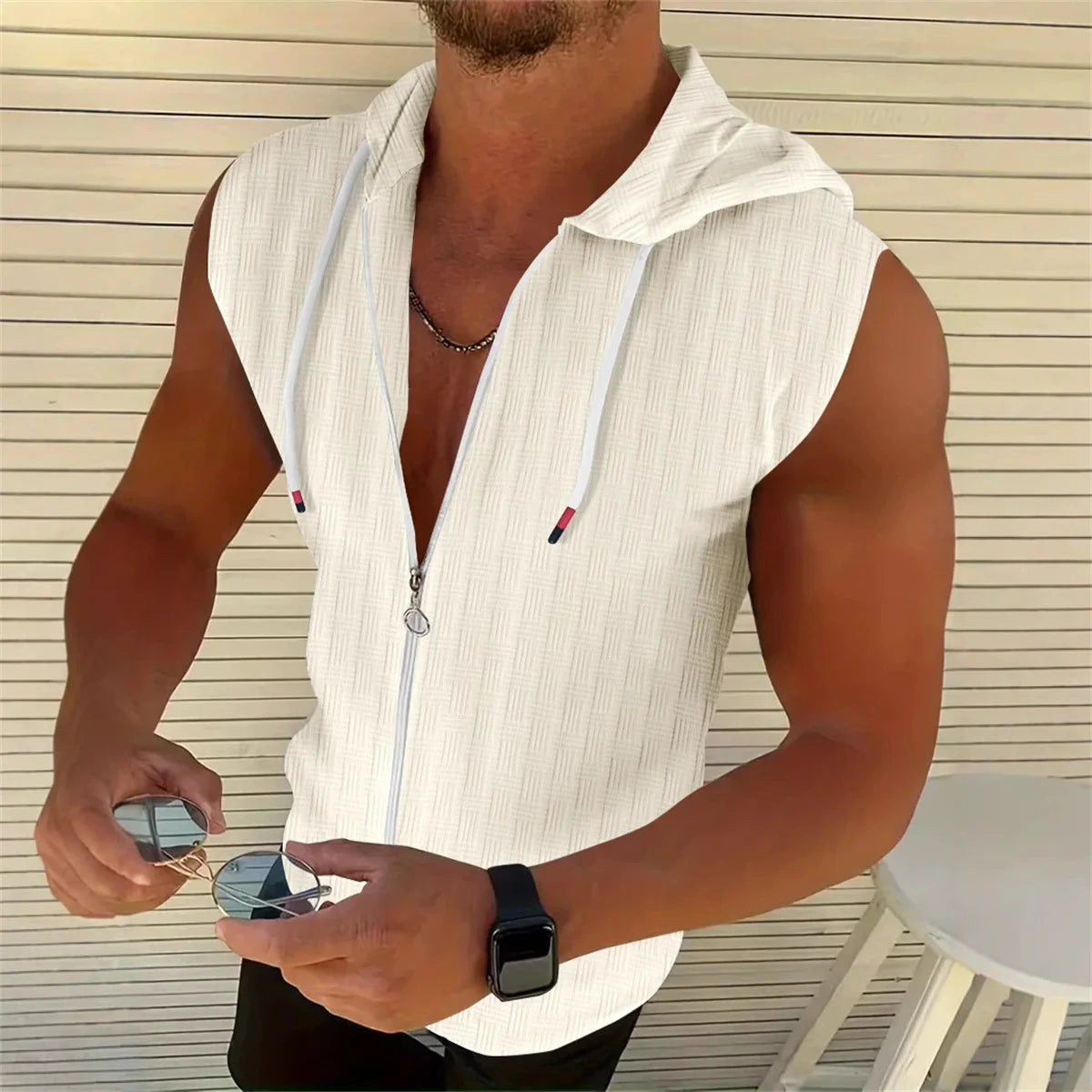 New Summer Sleeveless Zippered Jacquard Sportswear For Men  Fashionable Casual Men's Sportswear Breathable Shirt