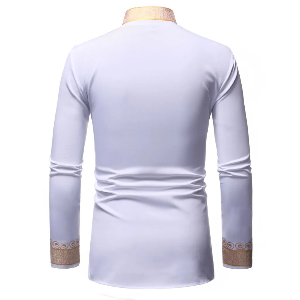 Men's Shirts Fashion Long Sleeve African Turkish Chieftain Print Robe Male Casual Blouses Traditional Ethnic Style Muslim Shirts