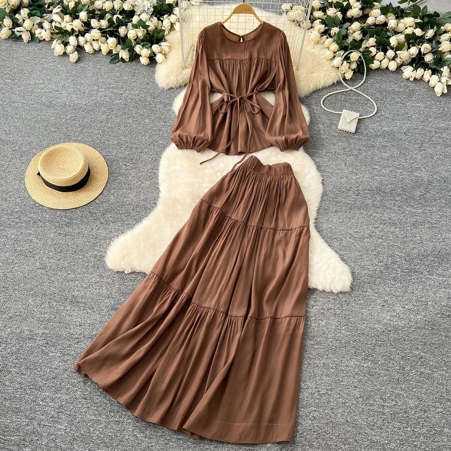 Skirt Set Women Dress Sets Two Piece Sets Round Neck Elegant Casual Loose Tops A Line Long Skirts Elastic Waist Y2k Streetwear