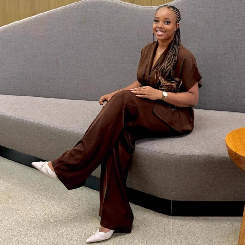 African Fashion Women Two Piece Set Turn Down Collar Short Sleeve Patchwork Shirt and Pants Set