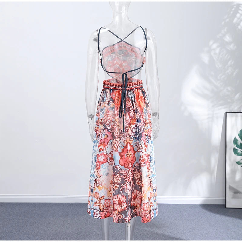 Halter Neck Floral Print Split Set Sleeveless Casual Top Tropical Wrap Slit Maxi Skirt 2026 Summer Bohemian Holiday Women Outfit