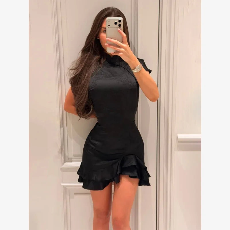 Lady Solid Satin Mini Dress Women Short Sleeve Stand Collar Patchwork Ruffle Draped Dresses Party Dinner Vestido 2026 Elegant