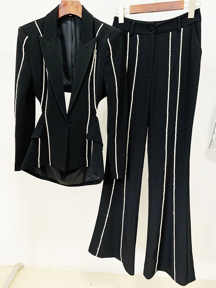 HIGH STREET Newest Fashion 2026 Designer Suit Set Women's Single Button Hollow Out Diamonds Beaded Blazer Flare Pants Set