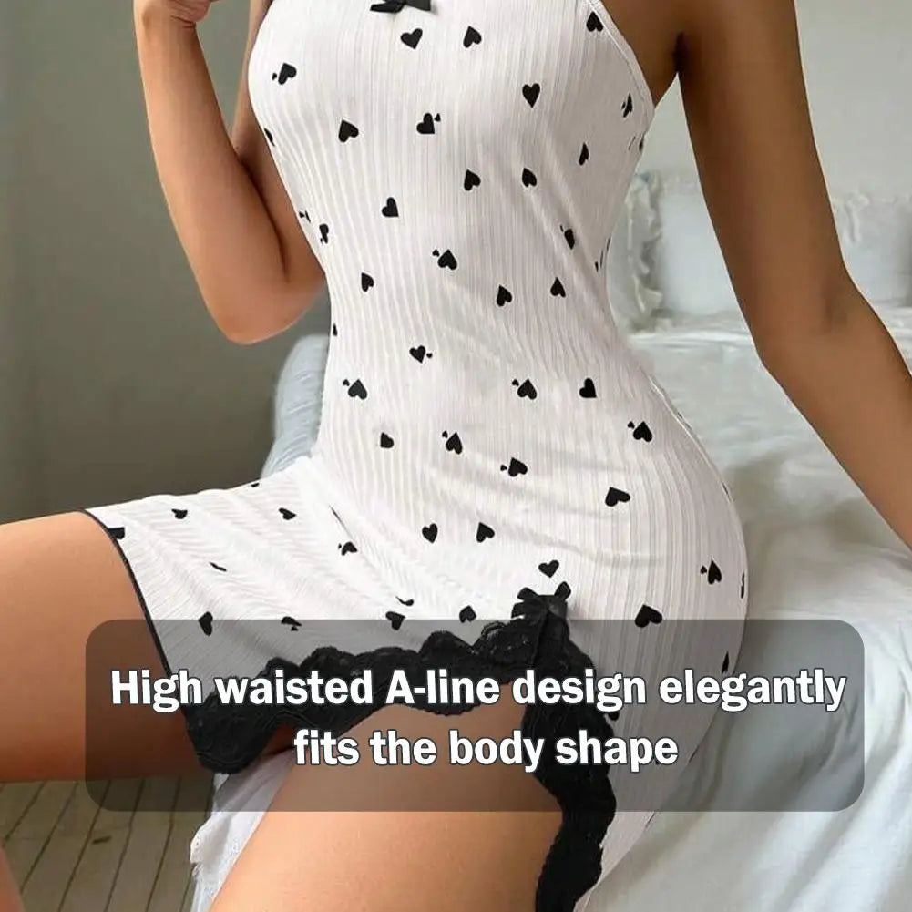 Women's Sexy Nightdress Night Gown Lace Trim Camisole Bow & Heart Print Sleeveless Sleep Dress Elegant Night Wear ﻿