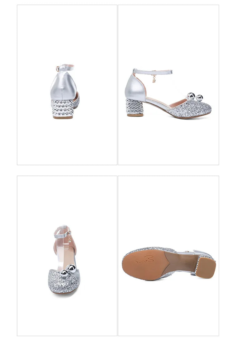 Princess Kids Leather Shoes Girls Sandal Sweet Pearl Casual Glitter Children High Heels Girls Party Dance Shoes Pink Gold Silver
