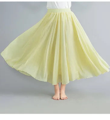 New 2020 Women Linen Cotton Long Elastic Waist Pleated Maxi Skirt Beach Vintage