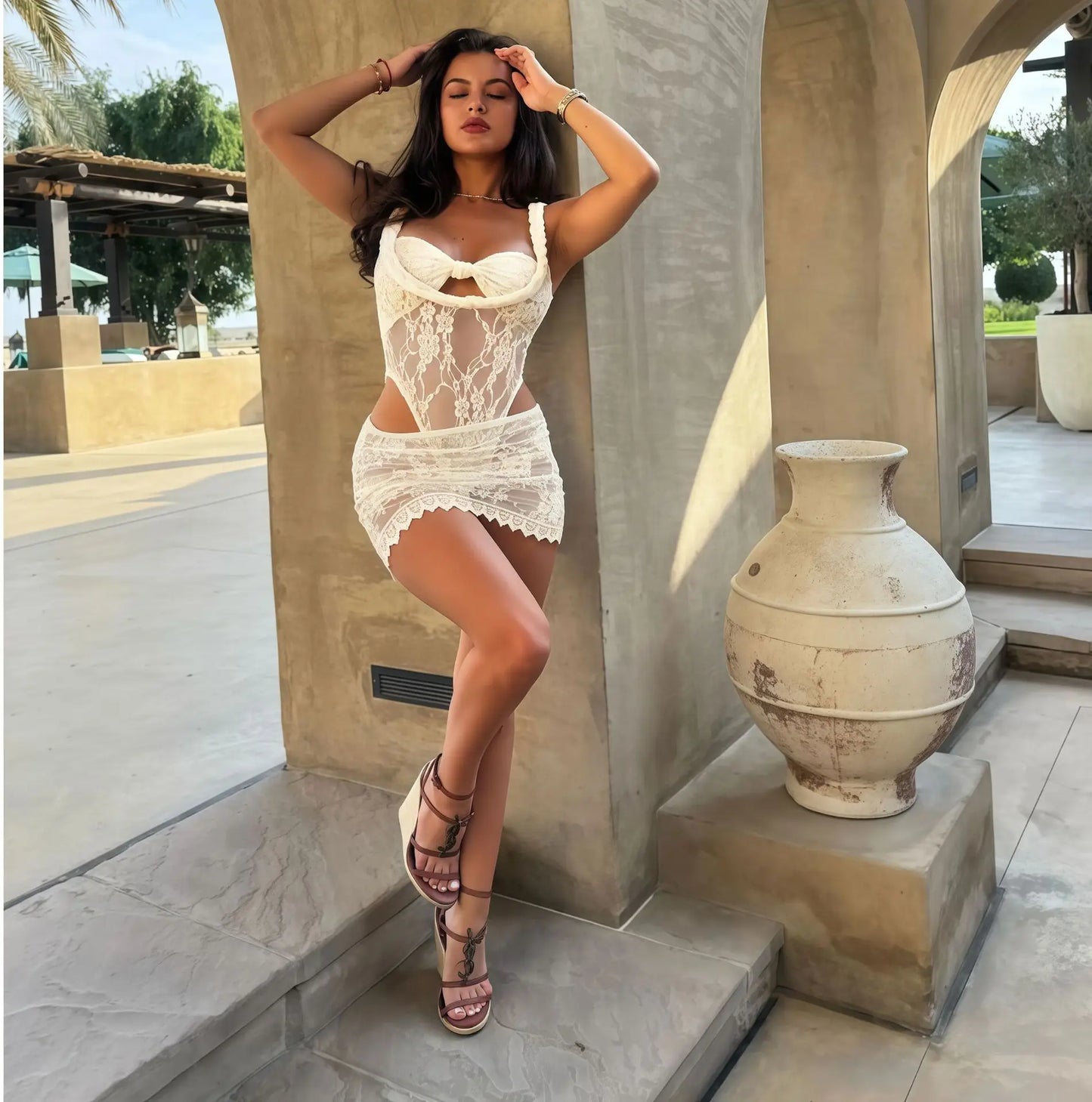 Beach Vacation Style Solid Color Lace Two-piece Set for Women 2026 New One-word Neck Sleeveless Swimsuit Short Skirt