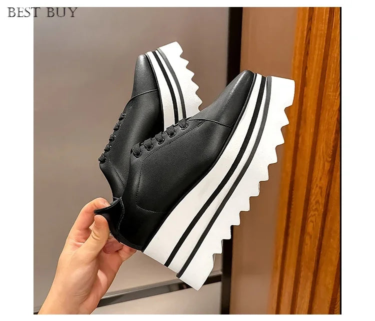 New beige Women Platform Casual Shoes 2024 Spring Black Casual Chunky Sneakers Women Real Leather White Height Increasing Shoes