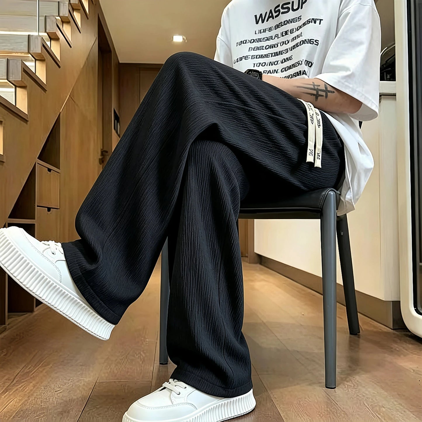 New Mens Wide Leg Pants Summer Loose Textured Casual Trousers Baggy Straight Relaxed Fit Streetwear Comfortable Pants