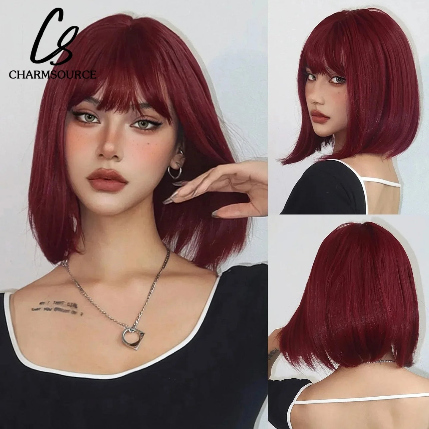 Copper Ginger Short Bob Straight Synthetic Wig with Bangs Heat Resistant Natural Looking Hair for Women Daily Use Cosplay Party