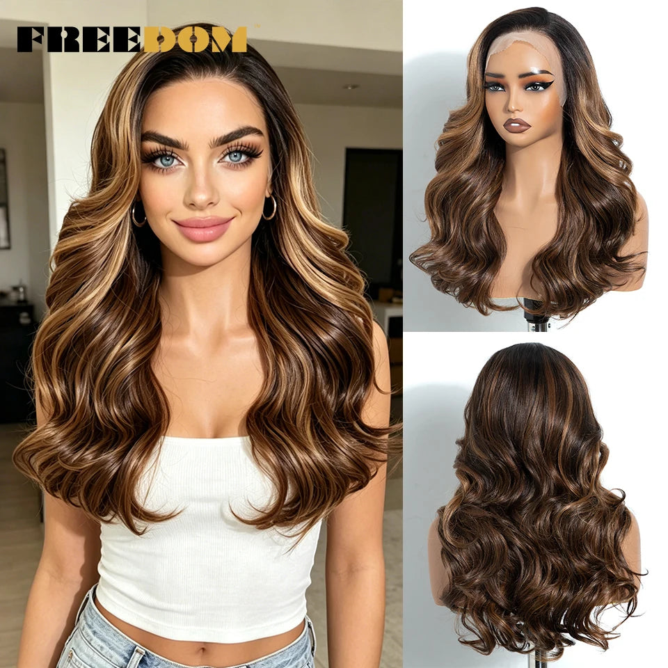 FREEDOM Synthetic Lace Front Wigs For Black Women 13x4 Free Part Body Wave Lace Wig 20 Inch Ombre Brown Highlight Cosplay Wigs