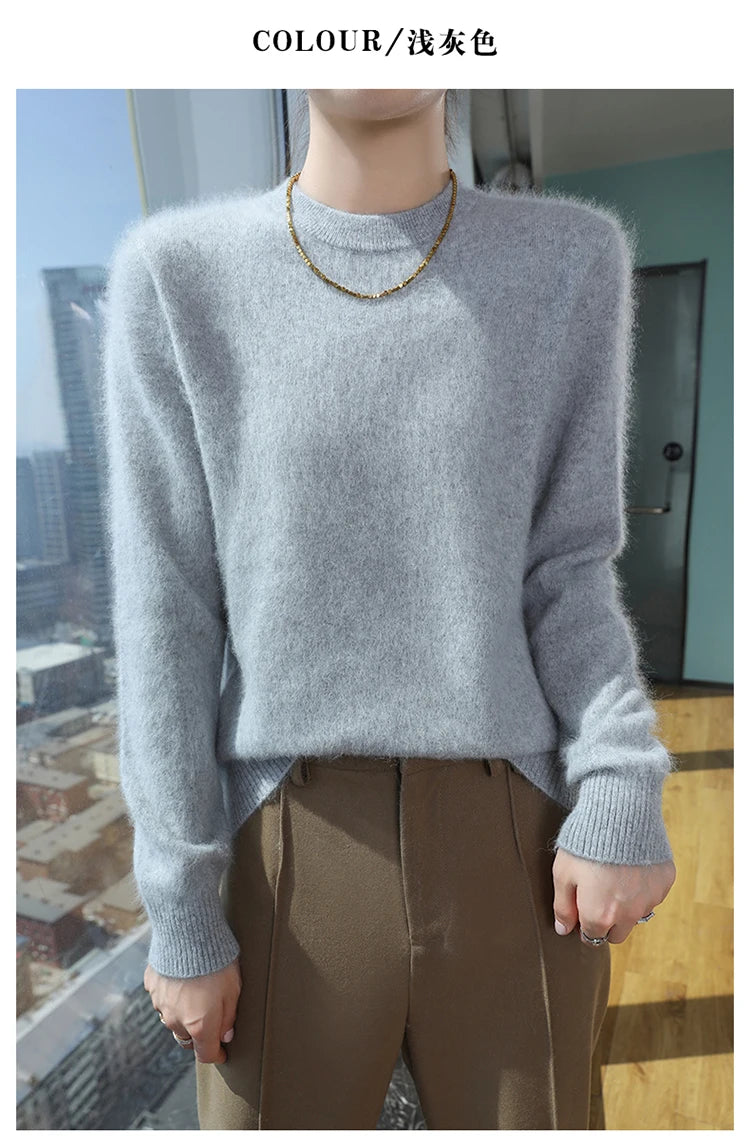 Autumn and winter women's semi high neck pullover sweater solid color knitted slim fit women's 100 mink cashmere sweater new sty
