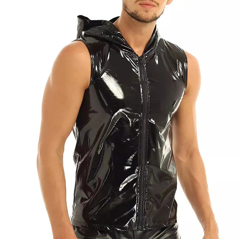 Men PVC Hoodies Tank Tops PU Leather Zipper Sleeveless Latex Hooded Shirts Vest Sexy Party Clubwear Fitness T-shirts Streetwear