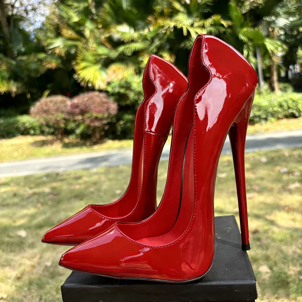 2026 Customize Side V Cut 16cm Ultra High Heels Matte Black Red inside Woman Pumps Curl Cut Slip on Pointed toe T-stage Shoes