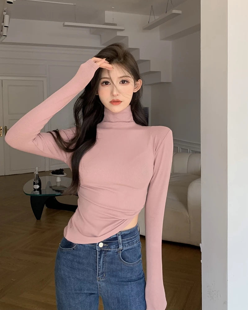 Warm Fce Lined High Collar Long Sve Base irt Women's Faionable Retro Versatile High Ne Base irt Trendy Commute ...