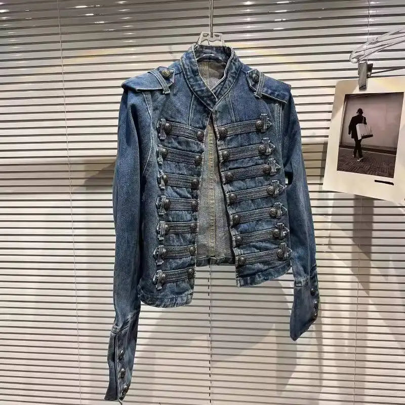 2026 Autumn New Fashion Metal Buckle Design Shoulder Strap Denim Short Jacket For Women High Street Coat Female