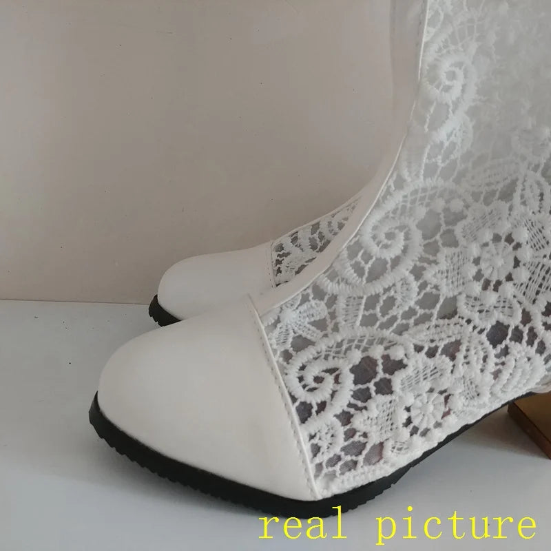 ORCHA LISA Spring Summer Boots Shoes Women Med Heels Knee Flower Lace Female Zipper Glitter Sexy White BiG Size 43 44 45