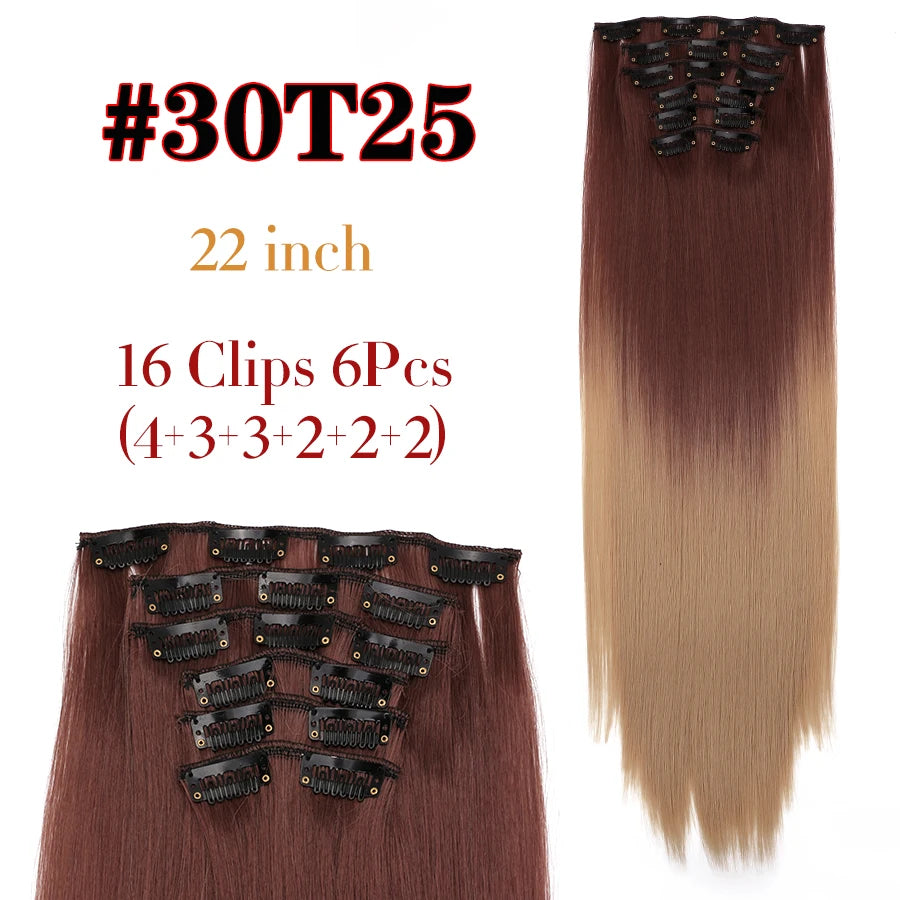 22 Inches Synthetic Long Straight Hairstyle 16 Clips 6Pcs/Set Hair Extensions Blonde Black Hairpieces Heat Resistant For Women