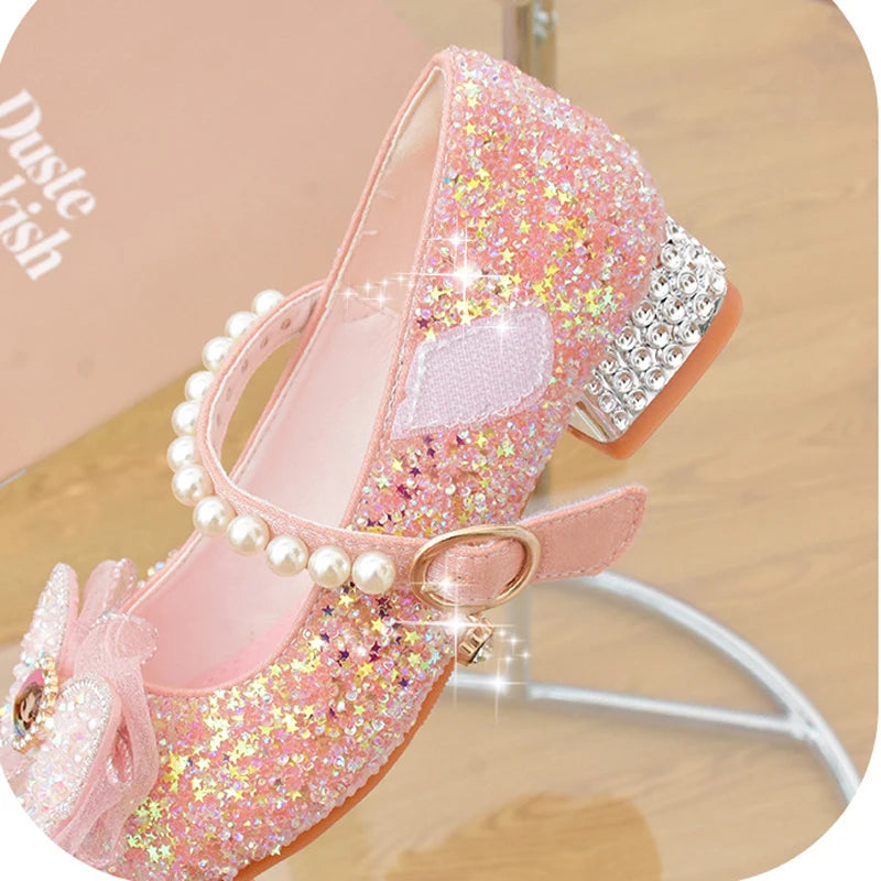 Girls' Shoes High Heels for Kids Elegant Girl Shoes Party Sequin Child Girl Heel Shoe Church First Communion White Princess Shoe