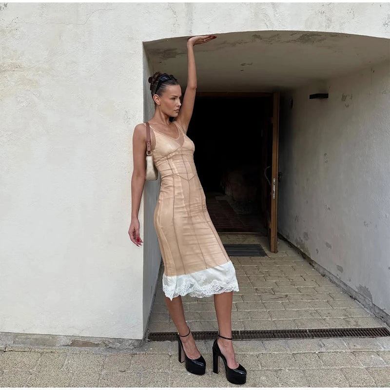 Women Sheer Mesh Overlay Midi Dress Waist Cinched Sleeveless Spaghetti Strap 2026 Summer Accessories Trendy Classy Lady Outfits
