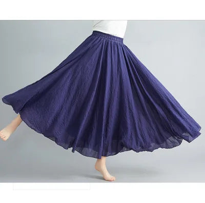 New 2020 Women Linen Cotton Long Elastic Waist Pleated Maxi Skirt Beach Vintage