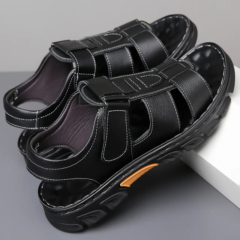 Men's Sandals Adjustable Solid Color Shoes Summer Casual Comfort with Durable Rubber Sole, Breathable PU for Outdoor Walking