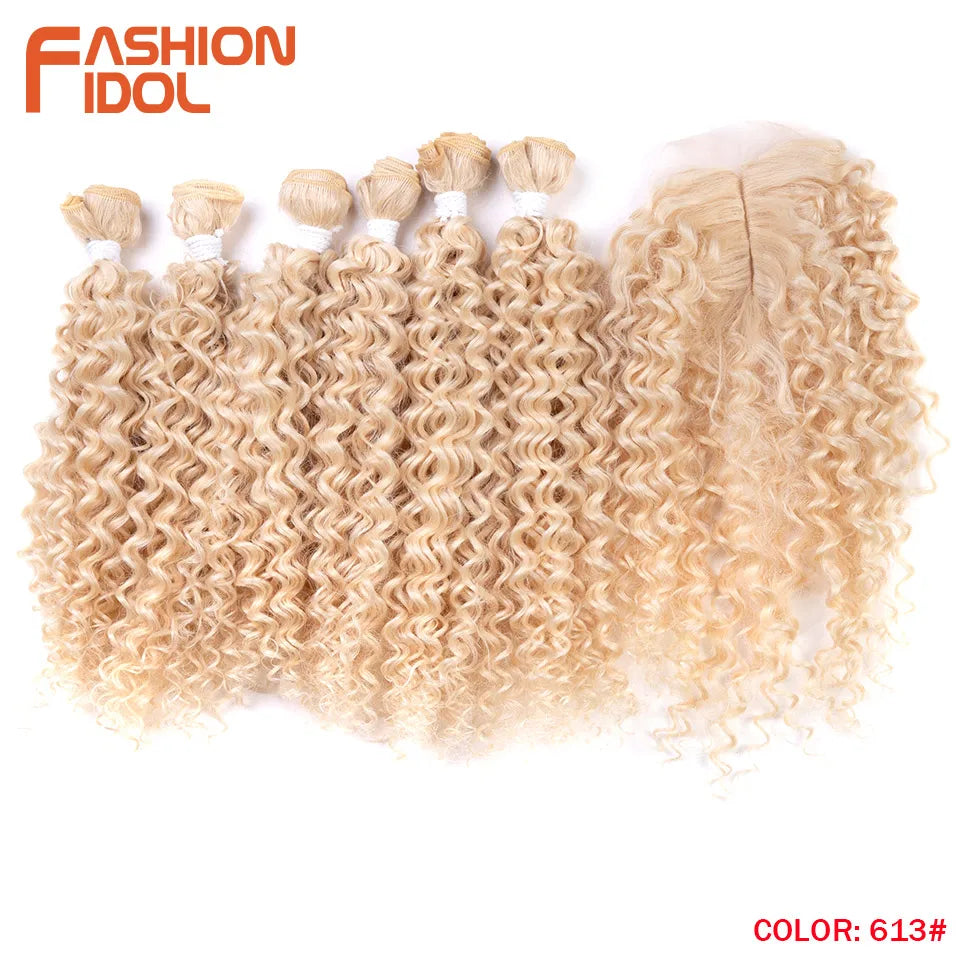 FASHION IDOL Afro Kinky Curly Hair Extensions 16-20 inch Synthetic Hair Bundles Lace With Closure Weave Ombre Blonde Fake Hair