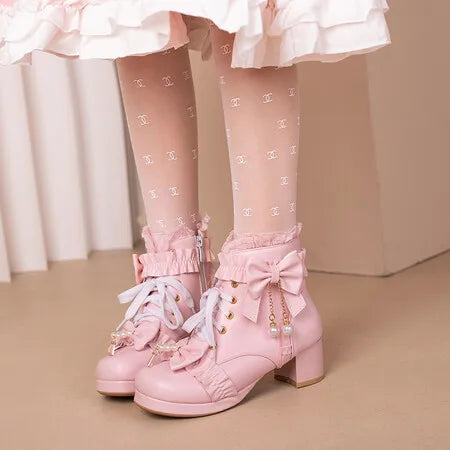 Lolita Great Quality Block High Heels Women Ankle Boots White Shoes Lace Decor Lace Up Chunky Heeled Bow Boots for Women Verclo