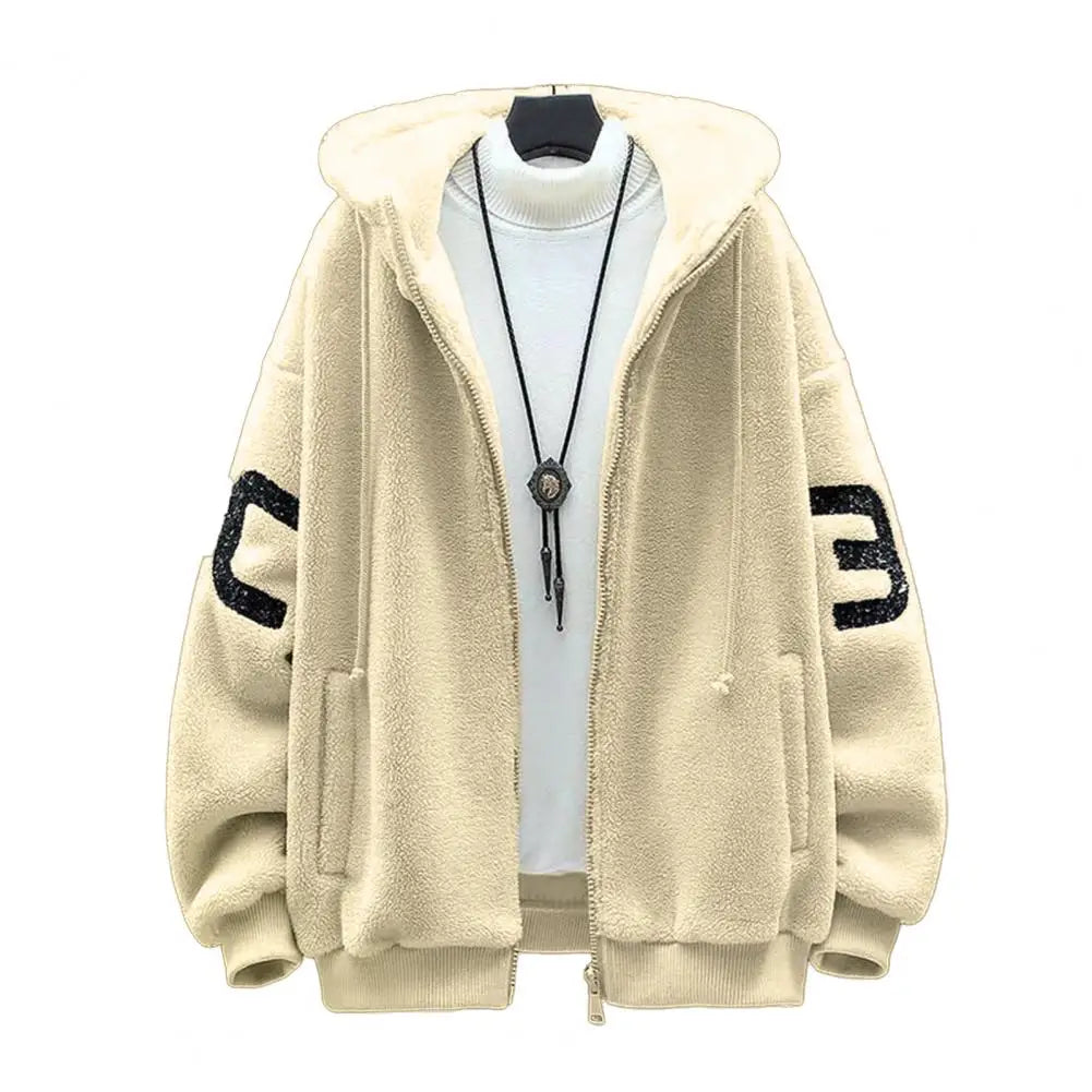 Faux Sherpa Thickened Men Jacket Zipper Closure Pockets Hooded Jackets Casual Thickened Sherpa Lining Winter Warm Men's Jackets