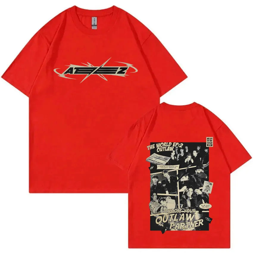 Hot Korean Kpop ATEEZ The World Ep: 2 Outlaw T-shirt 2025 World Tour Towards The Light Will To Power Tshirt Male Fashion Tees