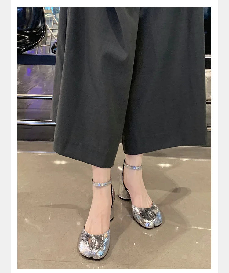 Brand Designer Tabi ninja high heels shoes woman ankle strap silver crack leather pumps split toe D'orsay mary janes shoes woman