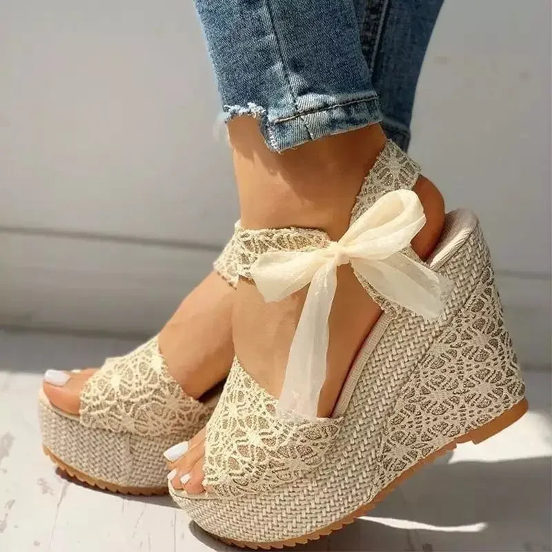 Summer New Fashion Slope Heel Fish Mouth Women's Sandals Party Lace Lace Strap Waterproof Platform Thick soled High Heels