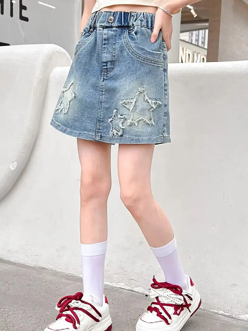 Trendy and Stylish Five-Pointed Star Denim Skirt Pants Suitable for Girls to Wear in Summer, Anti-Exposure, Five-Pointed Star Patch, Washed and Distressed Y2K Style