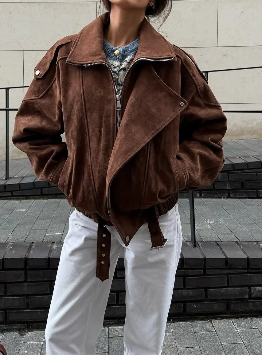 European and American Brown Lapel Irregular Short Loose Jacket Retro Maillard Fashion Casual Top